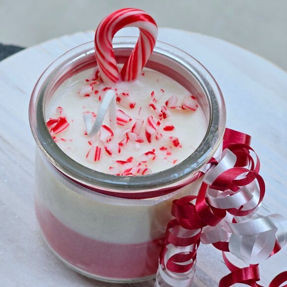 Handmade Candle ✦ Candy Cane & Christmas Tree ✦ Soy Wax in Recycled Yogurt Jar - Picture 4 of 7